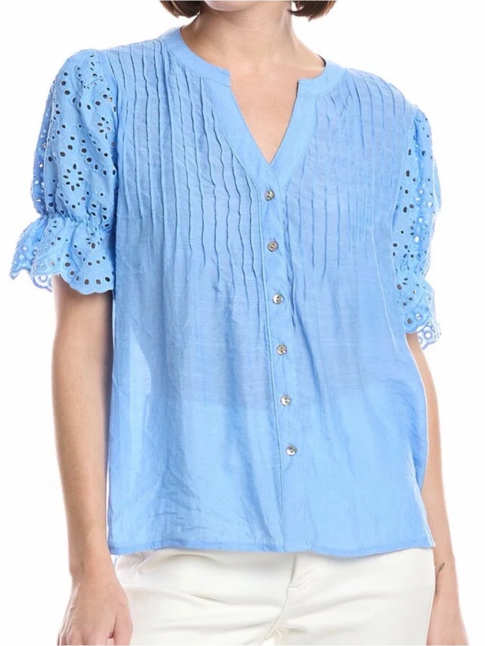 Nanette Lepore Cayman Blue Eyelet Puff Sleeve Button-Front Women's Top